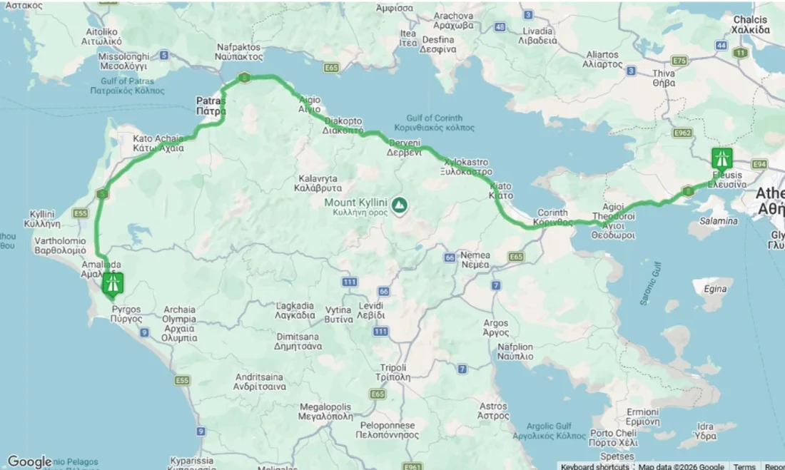 Χάρτης της διαδρομής της Ολυμπίας Οδού, από την Ελευσίνα μέχρι την Πάτρα και τον Πύργο.